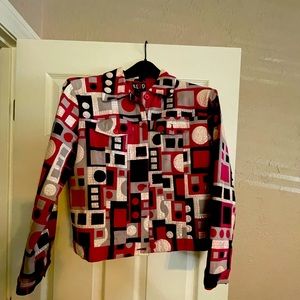 REDD sequined fully lined geometric short jacket in fuchsia, black and white.